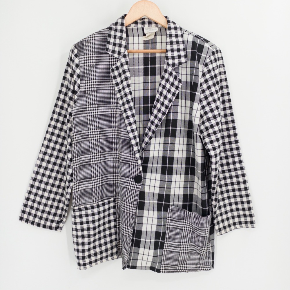 Vintage 90s Blazer Women M Black White Plaid Patchwork Dopamine Art Teacher